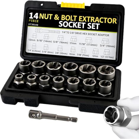14 Pièces Kit Extracteur de Vis Cassée en Acier Cr-V, Douille Extracteur de Boulons et Écrous Tourne-à-Gauche pour Écrous Rouillés et Arrondis, Réparation Auto et Atelier (1/5)