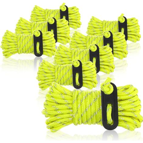 8x Hauban, réflecteur jaune, ajustable avec boucle, plastique 4m, pour camping et tente