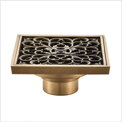 Drain de Plancher de Salle de Bain en Laiton - Anciennes Drain de Douche Carré Unique Fleur Sculptée pour Toilettes Jardin 10 10CM