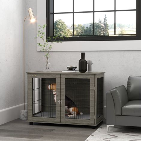 Jaula para perros 2 en 1 con mesa auxiliar, cojín de felpa extraíble y puerta con cerradura, 100 x 60 x 73,5 cm, gris.