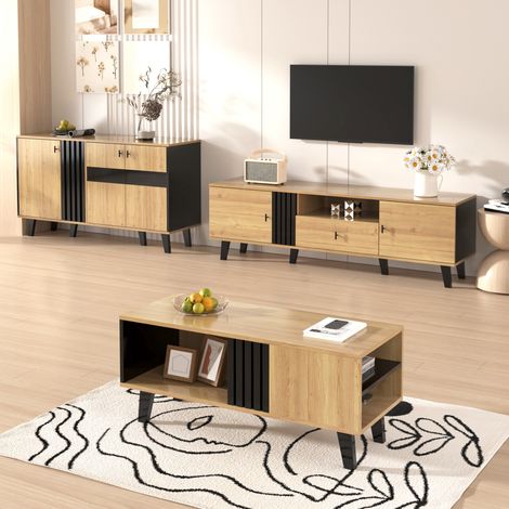 Ensemble de salon 3 pièces – table basse, meuble TV et buffet – design moderne en bois et noir – nombreux rangements, élégance et style pour tous les intérieurs (1/5)