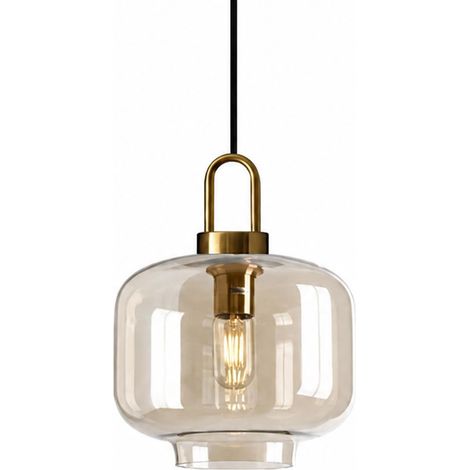 Suspension Luminaire en Verre Ambré - Lampe Pendante Vintage avec Douille E27 et Tête en Laiton pour Îlot de Cuisine, Salle à Manger ou Chambre (A) (1/5)