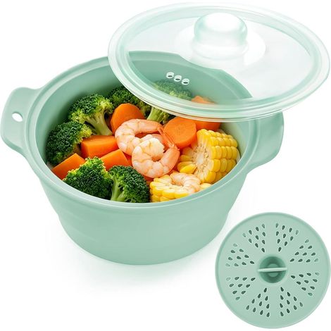 Panier vapeur pliable en silicone pour micro-ondes, 1,2 litre (42 oz), avec couvercle et grille amovible, sans BPA, idéal pour les légumes, les raviolis et les fruits de mer – compatible lave-vaissell (1/5)