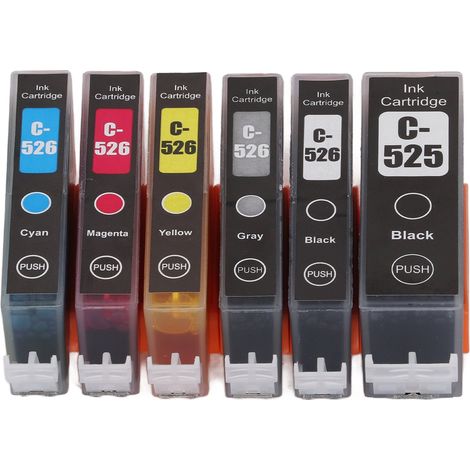 Cartouche d'encre 525-526 compatible PIXMA IP4850/IP4950 IX6550 MG5150/MG5250, pack de 6 couleurs (BK/BK/C/M/Y/GY) avec recharge, pour Europe, Océanie, Turquie, qualité remanufacturée, impression nett (1/5)