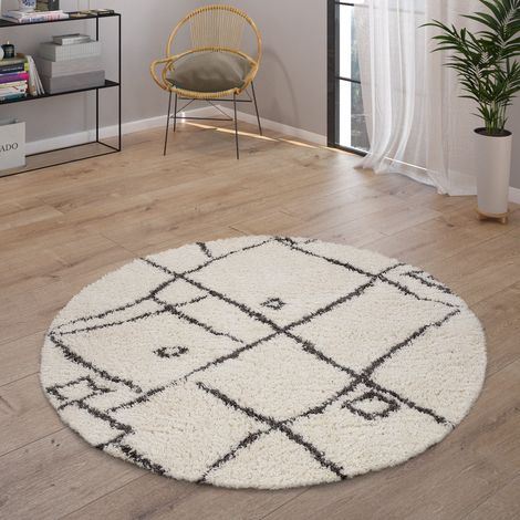 Paco Home Hochflor Teppich Wohnzimmer Shaggy Skandinavisch Fransen Flauschig Modern 120 cm Rund, Creme 2