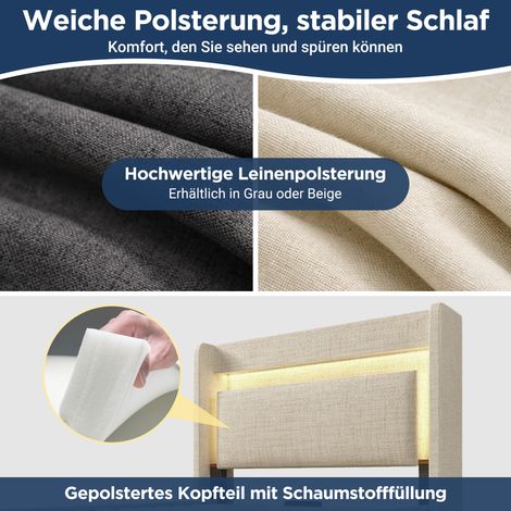 Lit coffre hydraulique 90x200 cm avec tête de lit rangement, éclairage LED, ports USB et USB-C, sommier à lattes en bois, beige lin, matelas inclus (1/5)