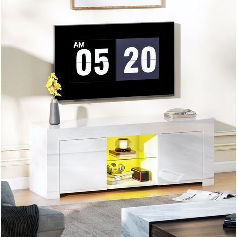 Mobile TV con luci LED RGB, 120x34x45 cm, 2 armadietti, 2 ripiani aperti, gestione cavi, vetro, bianco (1/5)