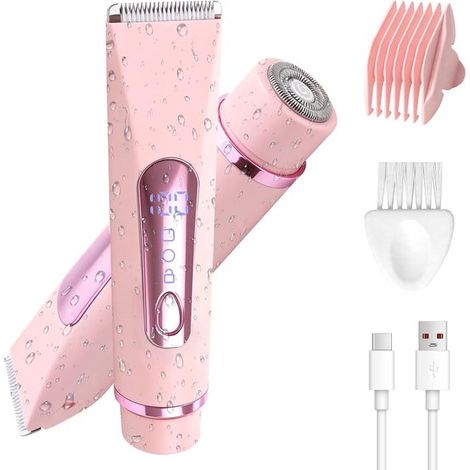 Rasoir électrique 2 en 1 pour femme – Tondeuse bikini et rasoir sans fil à double tête – Étanche IPX7 – Pour visage, zone pubienne, jambes et aisselles – Rose (1/5)