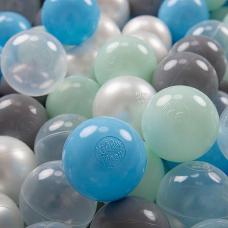 KiddyMoon 200 ∅ 7CM Palline Morbide Colorate Per Piscina Bambini Fatto In EU, Perla/Grigio/Trasparente/Azzurro/Menta (1/4)