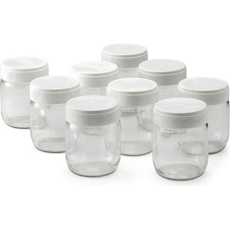 Pot en verre - Lot de 9 - Verre et plastique - Couvercle empilable - Pour yaourtière - 0,185 L (1/5)