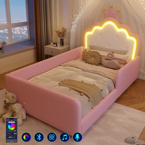 Cama capitonada 90x190 cm sin colchón con tira LED, cama princesa en forma de corona, barandilla de seguridad, PU rosa (1/5)