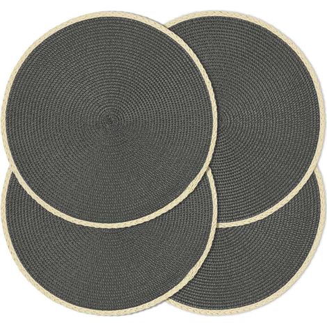 Lot de 4 sets de table ronds tressés de 38,1 cm, antidérapants, lavables à bords fins pour décoration de table de cuisine, salle à manger (gris foncé, 4)'Bord Fin Beige, Gris Foncé 4 pcs'Bord Fin Beig (1/5)
