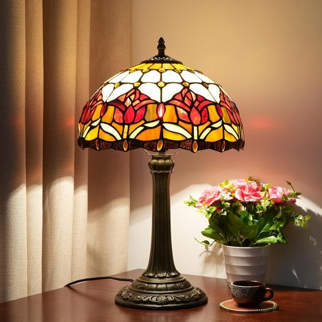 Rote Tulpe Tiffany Tischlampe Buntglas Nachttischlampe Schlafzimmer Schreibtischlampe für Wohnzimmer Büro Wohnheim Bar Dorf Geschenk Nachttischlampe (1/5)
