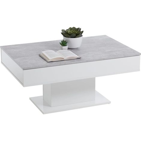 Table basse bicolore avec plateau coulissant - Décor gris béton LA et blanc brillant - L100 x H46,1 x P65 cm - Fabriqué en Al (1/5)