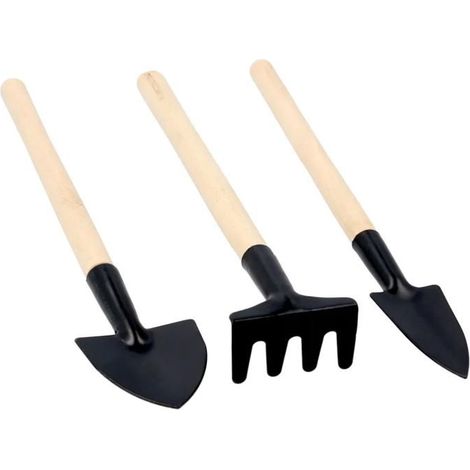 Juego de herramientas de jardinería, disponible en varios colores, que incluye una pala, un rastrillo y miniherramientas.