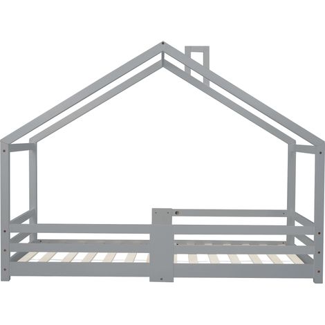 Cama infantil casita gris de madera de pino 90 x 200 cm con chimenea (1/5)