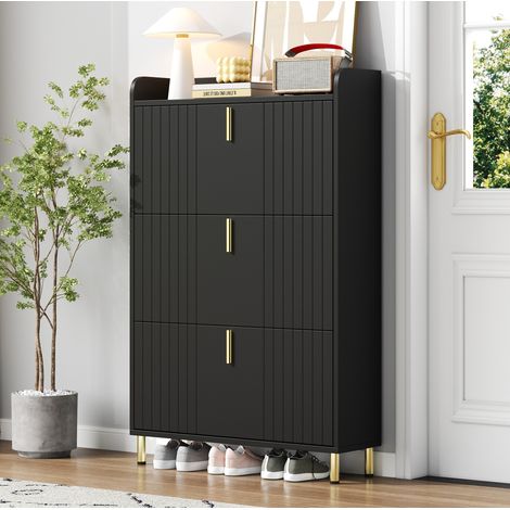 Schuhschrank aus MDF in Mattschwarz mit 3 Klappen, verstellbaren Einlegeböden, 80 x 23 x 123,5 cm (1/5)