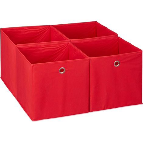 Corbeille Pliable - Lot 4 - Polyester Et Carton - Trou Pratique - Pour Étagère - Rouge - 30 x 30 x 30 cm (1/5)