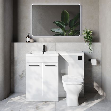Napoli 460 Gloss White 1100mm 2 Door Vanity Unit Toilet Suite with Left Hand Square Lucia Basin - 1100mm - Matt Black 160mm HandleWith Kingston Toilet Pan and Seat