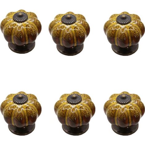 Juego de 6 tiradores de cerámica para cajones - Tirador de armario vintage con forma de calabaza y un solo orificio, color amarillo. (1/5)