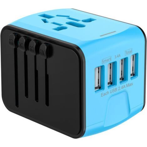 [JAMAIS UTILISÉ] Adaptateur Voyage, Adaptateur Prise Universelle 4 Ports USB & Prise AC, Adaptateur Prise France vers USA UK Allemagne Thaïlande Italie Australie Chine Japon， bleu (1/4)