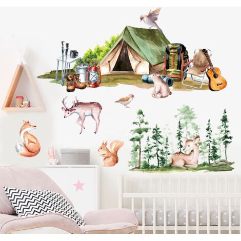 BUNTHAUS Lot de 2 Tente en Bois Forêt Renard Fauve Oiseau Amovible Décoratif PVC Stickers Muraux Salon Chambre AutoAdhésif Art (1/5)