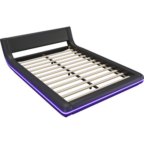 Lit au sol 140x200, cadre de lit noir en PU avec éclairage LED contrôlable par application, design moderne (1/5)