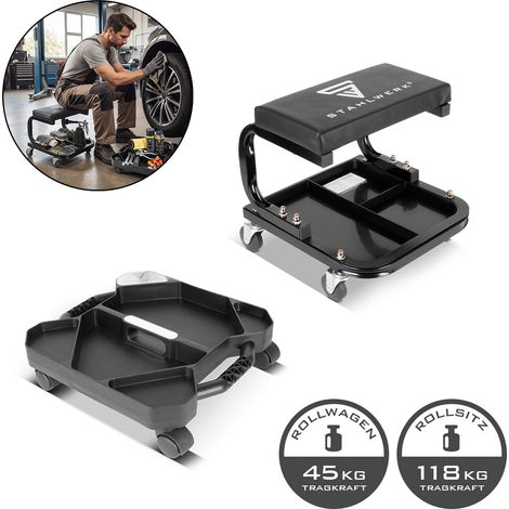 STAHLWERK Werkstatt- und Montage-Set – Werkstatthocker mit 118 kg Traglast inklusive mobilem Werkstatt-Caddy belastbar bis 45 kg, kompakter Tool-Organizer mit 5 Fächern für Kleinteile und Werkzeug
