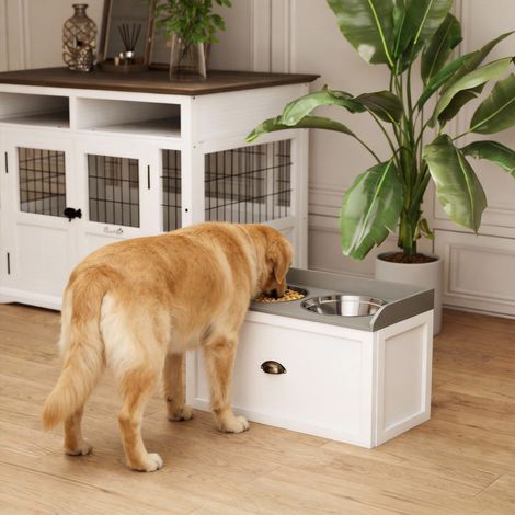 Gamelle double chien chat - porte-gamelles surélevé rangement 2 en 1 - tiroir. 2 gamelles - acier inox. MDF blanc gris