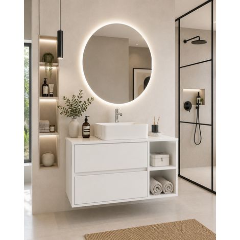 Mobile bagno con top in legno e lavabo da appoggio ORIGENBATH ZEUS senza specchio 70x45 cm Destra bianco
