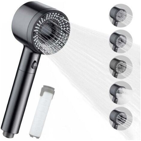 Pommeau de Douche Haute Pression. Pommeau Douche Anti Calcaire avec 5 Modes Réglables. Douchette Douche Salle de Bain avec Filtre. Pommeau de Douche Économie D'eau avec Bouton Pause (Gris) (1/5)