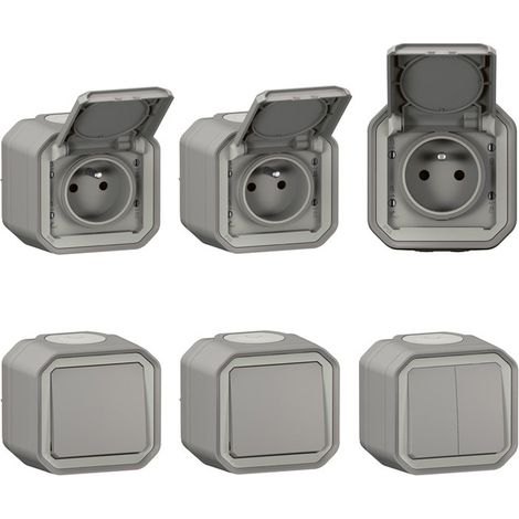 Lot de 3 prises + 2 va-et-vient + commande double Plexo complet saillie - gris (069792L) (1/3)