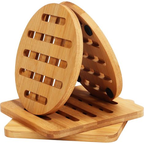 Set de 4 dessous-de-plat en bambou – 15 x 15 cm – dessous-de-plat ronds et carrés antidérapants – dessous-de-plat en bois naturel pour théières, bols et assiettes