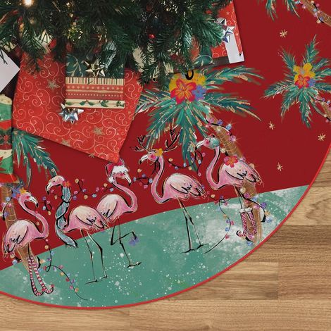 Jupe de sapin rouge à motif flamant rose, idéale pour une utilisation intérieure et extérieure pendant les fêtes de fin d'année en juillet - 120 cm (1/4)