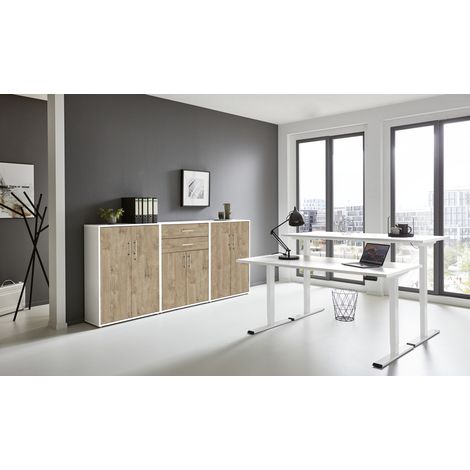 BMG Möbel Büromöbel-Set, e-Office Edition Set 15, Schreibtisch höhenverstellbar, 138 cm, weiß/ Gold Harbor Oak
