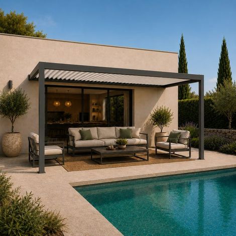 Pergola Bioclimatique Aluminium Adossée Anthracite 5x3,5 Manuelle Caleta France (1/5)