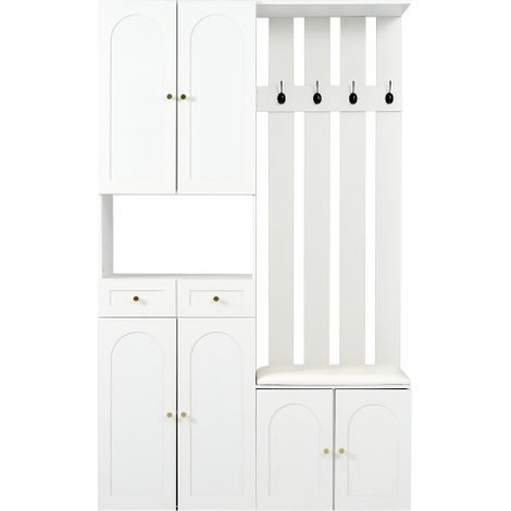Ensemble entrée blanc, meuble vestiaire avec banc, 6 portes, tiroirs