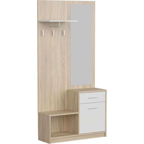 Meuble d'entrée Sett avec miroir, 1 tiroir, 1 porte, 1 étagère, 1 espace ouvert, blanc et chêne cambrien, 90 cm (1/5)
