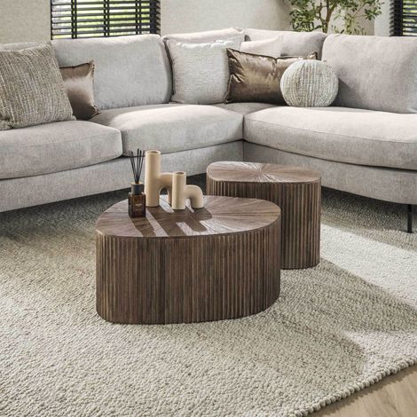 Lot de 2 tables basses organique 73 et 53 cm en teck marron - RIOZA