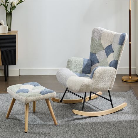 Sillón mecedora con reposapiés, tejido beige y azul, 84 x 68 x 91 cm, OKMYHOME (1/5)