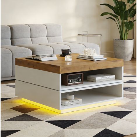 DESMIU Table basse carrée avec plateau pivotant 360° et LED, avec espace ouvert, pour salon, en MDF, blanc et effet bois, 65 × 65 × 40 cm (1/5)