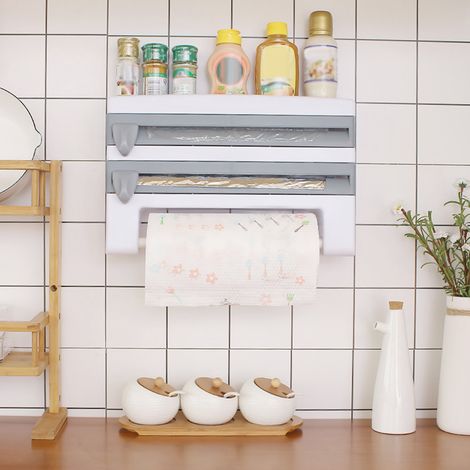 Porte-serviettes mural avec support bouteille sauce, distributeur film alimentaire et essuie-tout, acier inoxydable, étagère cuisine compacte, lot de 3 accessoires. (1/5)