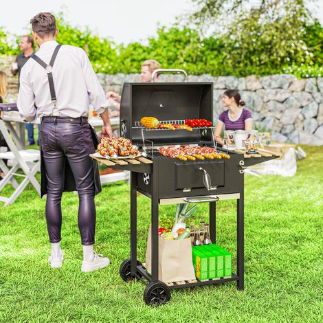 Barbecue charbon de bois réglable en hauteur avec grille, couvercle, thermomètre, étagères, roues et décapsuleur, noir