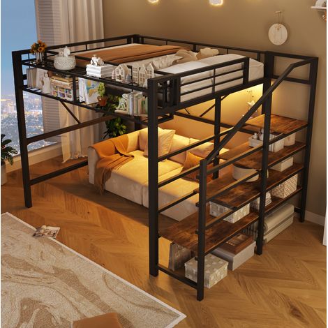 Letto a soppalco per adulti/bambini 140x200 cm con illuminazione a LED, ripiano a scala, contenitore, in metallo nero (1/5)