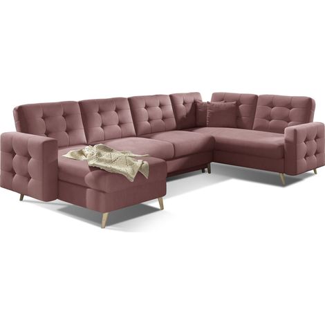 Canapé panoramique convertible ANSKA en velours - Pieds bois naturel-Rose poudré (1/5)