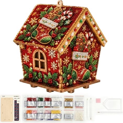 Kit de decoración 3D de madera para casa de jengibre con perlas de imitación – Plantilla para calcetín navideño (1/5)