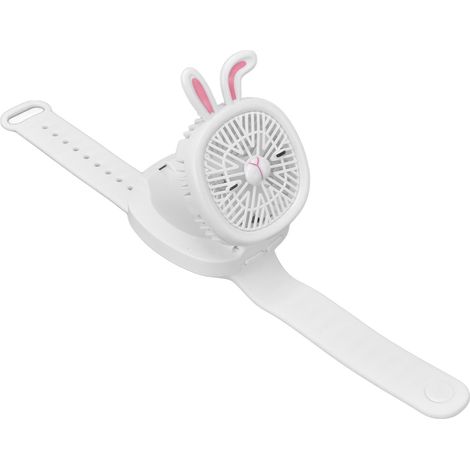 Montre-ventilateur à motif dessin animé, rechargeable par USB, en plastique, mini-ventilateur sans fil avec bracelet détachable, idéal pour les enfants et les activités de plein air. Lapin blanc. (1/5)