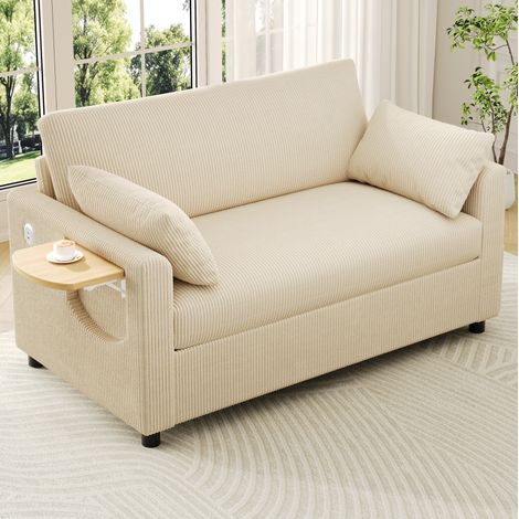 Canapé 2 plazas convertible de pana beige con USB/USB-C, mesa lateral abatible y cama 134x223x84 cm (1/5)