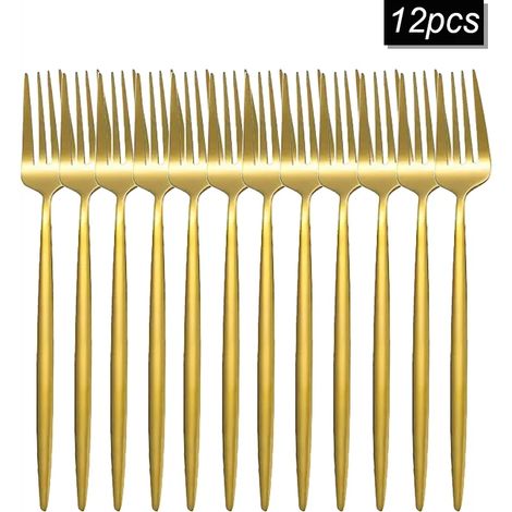 (12 fourchettes) Couverts en acier inoxydable doré, comprenant des fourchettes de table, des fourchettes à fruits et des fourchettes à steak. (1/5)