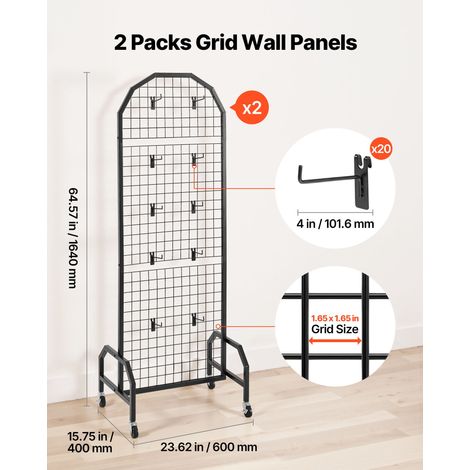 Grille d’Exposition sur Pied 2PCs 60x164 cm, Panneau Grille en Acier Carbone, Présentoir Grillagé Mobile avec Roulettes et 20 Croch… (1/5)